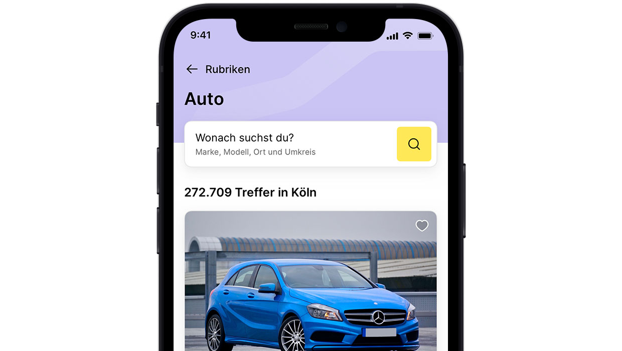 Screenshot des meinestadt.de Gebrauchtwagenmarktes auf einem mobilen Gerät